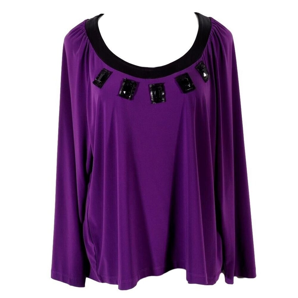 Picadilly Fashions Womens Top 2X Jewel Scoop Neck Purple Black Long Slv Stretch